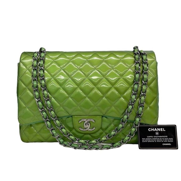Authentic CHANEL CC Jumbo Patent Leather Classic Double Flap Bag Green Purse - Picture 2 of 16